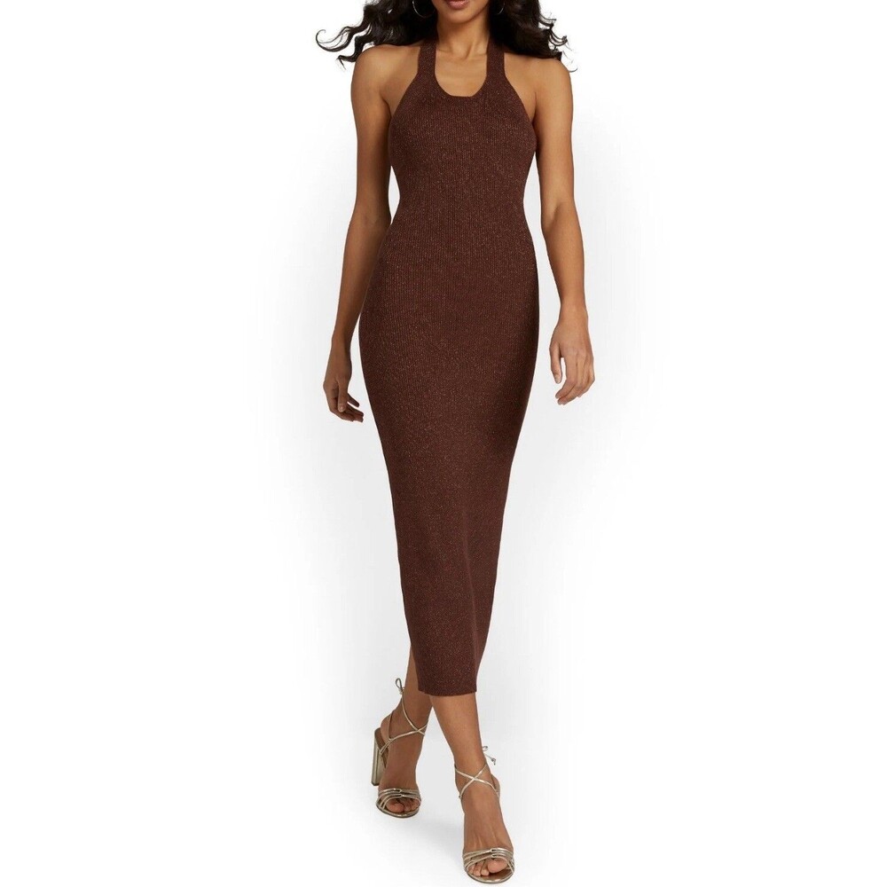 New York & Company Dress Knit Midi Brown Botany Halterneck Rib Preppy Small NWT
